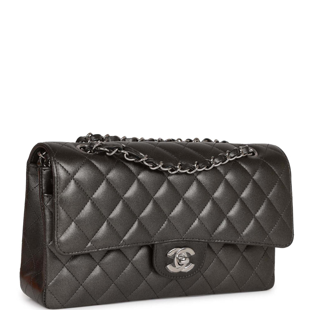Chanel Medium Classic Double Flap Bag Metallic Grey Lambskin Silver Ha