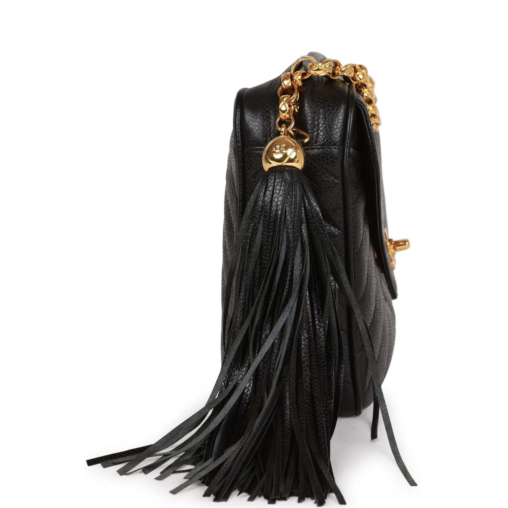 Vintage Chanel Small Chevron Tassel Camera Bag Black Caviar Gold Hardw