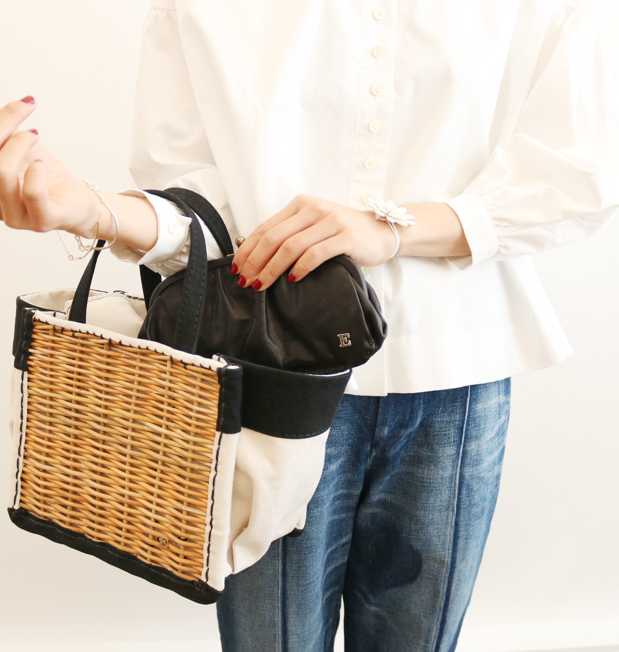 ebagos キャンバス・カゴ付きトート M 防水キャンバス×紅籐 IVORY