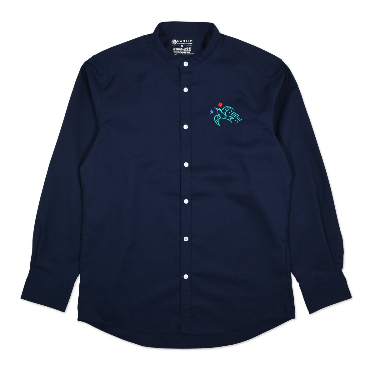 アジサシ刺繍バンドカラー長袖シャツ/ネイビー