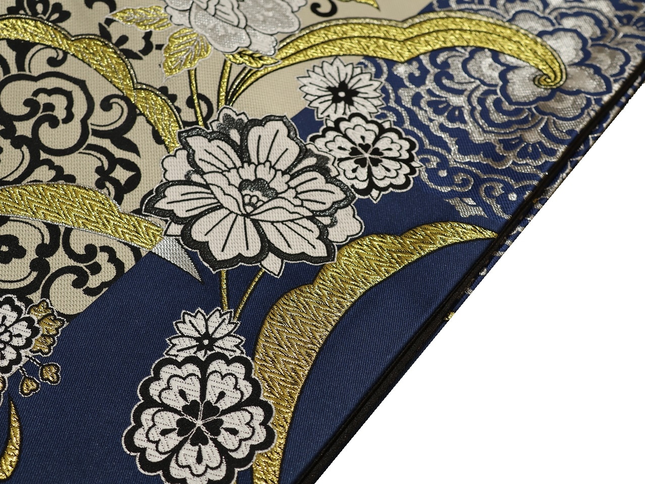 ポリエステル袋帯「紺色と灰ベージュ色の地に唐花模様」 | 帯,帯(袋帯