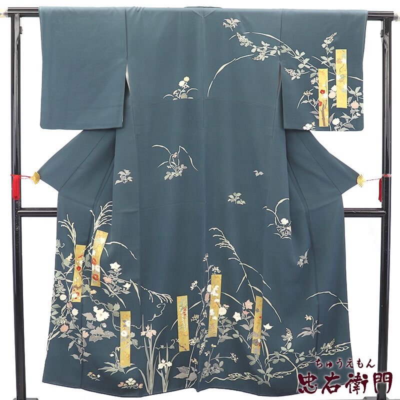 中古】 訪問着 袷 レディース 正絹 灰青 短冊柄 草木柄 身丈155.5cm 裄