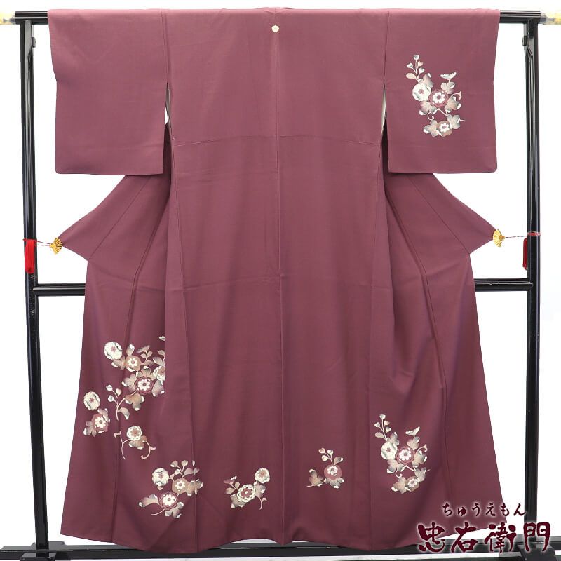 中古】 付下げ 一つ紋 剣片喰 袷 レディース 正絹 灰紫 辻が花 身丈