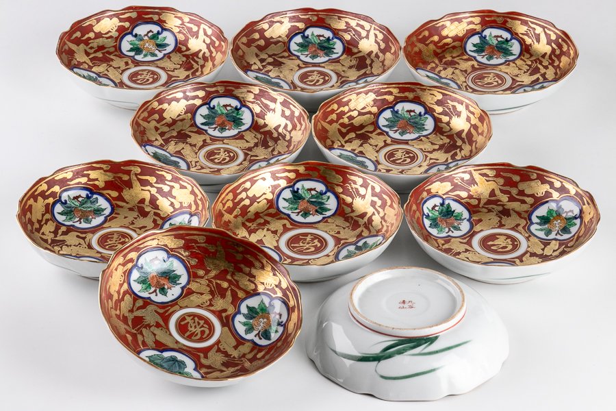 九谷焼】 九谷峰仙 赤絵金彩雲鶴柘榴文なます皿 10客セット 16306