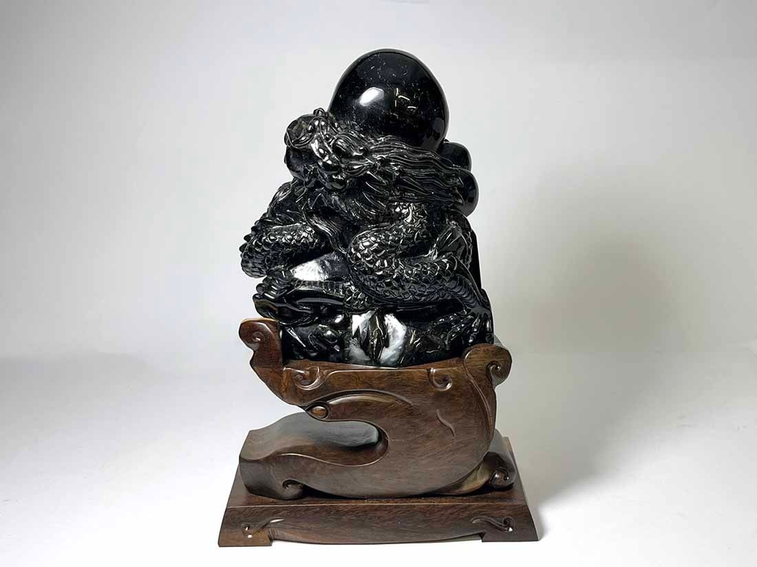 モリオン龍亀 天然石 台座付き カービング モリオン龍亀 天然石 台座