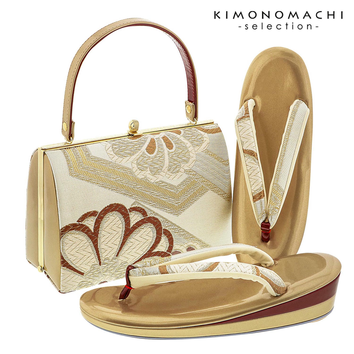 草履バッグセット「ゴールド 白地 亀甲に花」LLサイズ 日本製 振袖草履