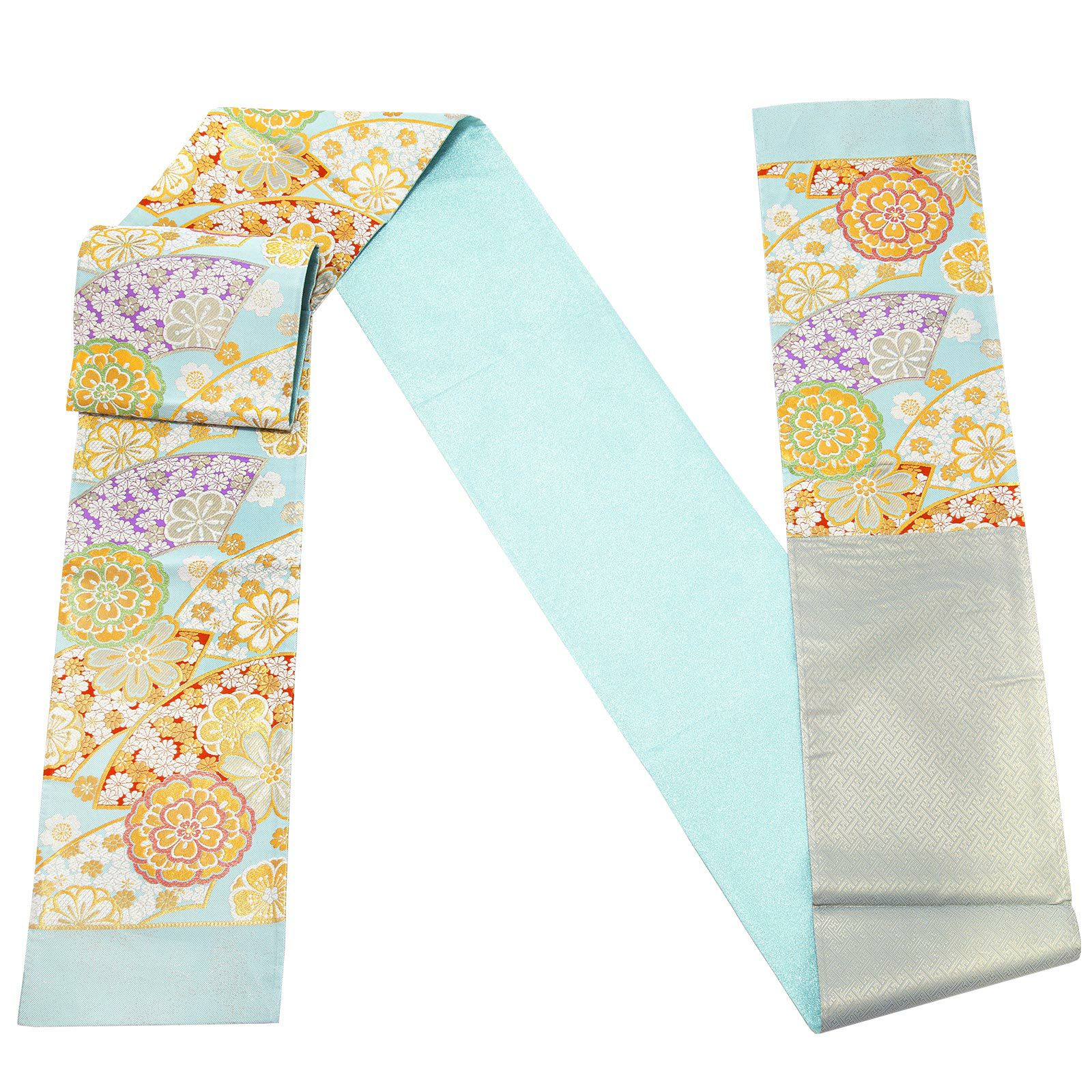 袋帯 薄水色 扇に花 西陣織 証紙番号2362 大光株式会社謹製 六通柄