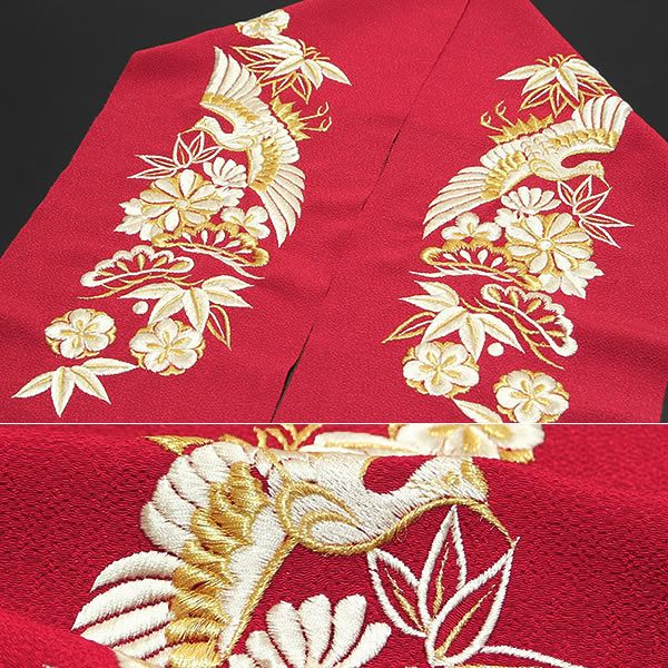 刺繍半衿 赤 きもの道楽 鶴と松竹梅 | KOMONO,半衿 | 京都きもの夢館