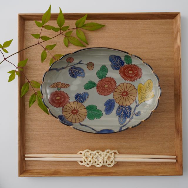 大皿 『椿・菊・梅 (中央丸・周囲六面)』 古伊万里 Aa-110 古伊万里風