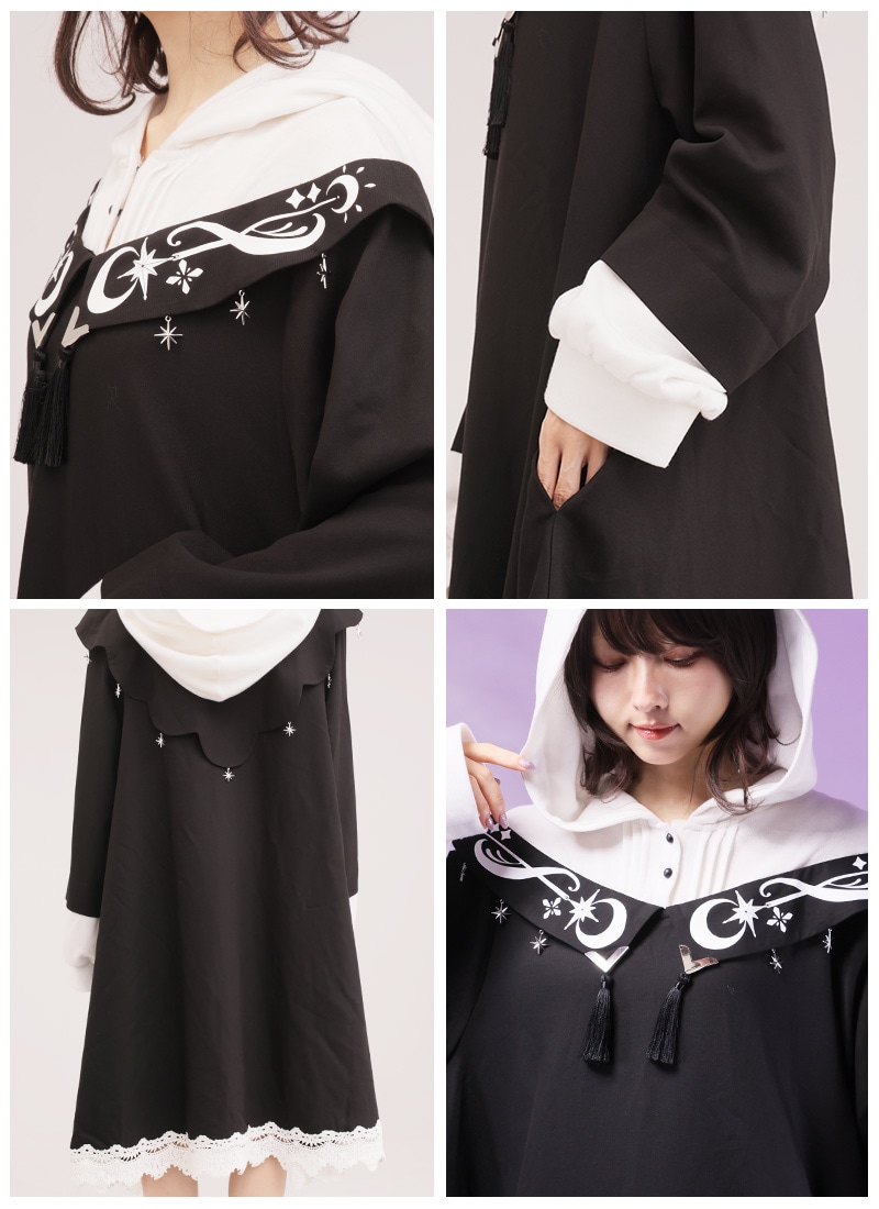 重ね着風のモノクロ魔女パーカーワンピース ｜ Favorite