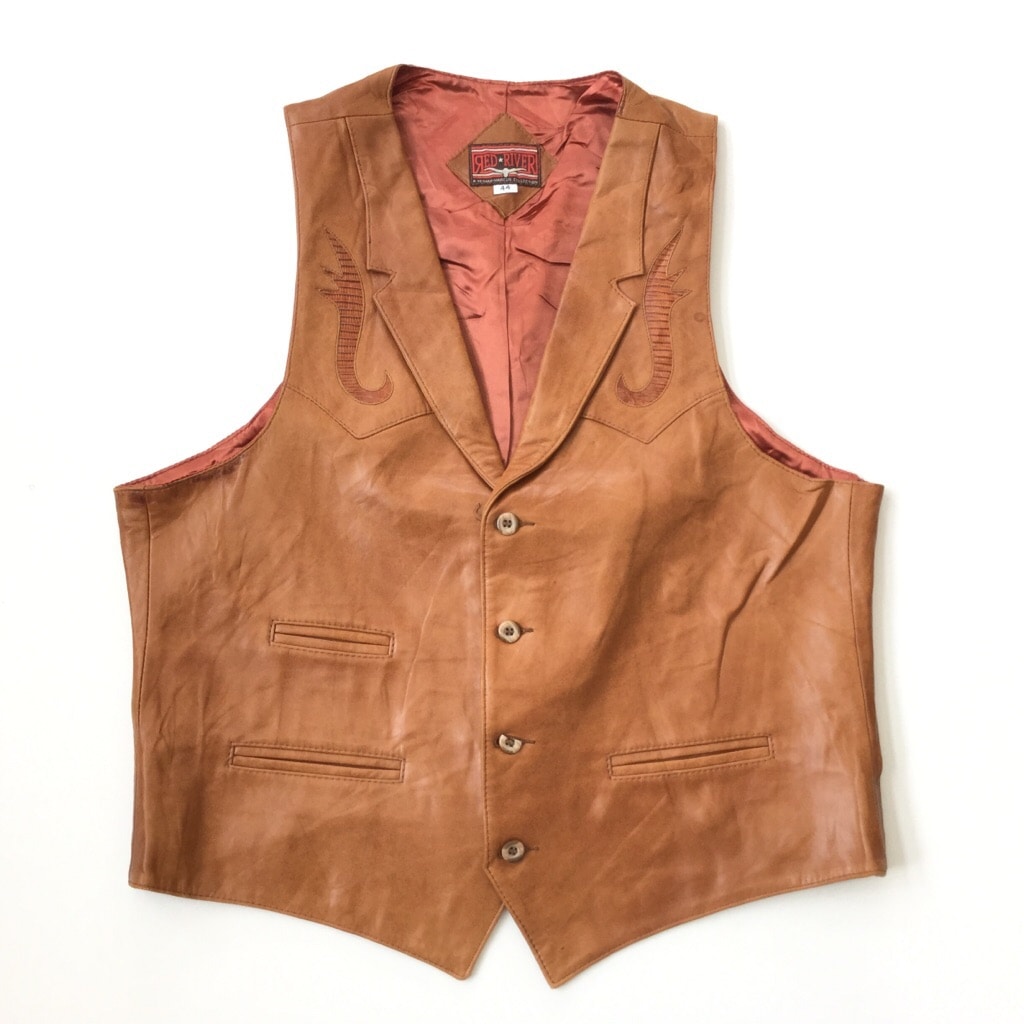 RED RIVER アメリカ古着 レザーベスト メンズ 44/茶・ブラウン 襟付き