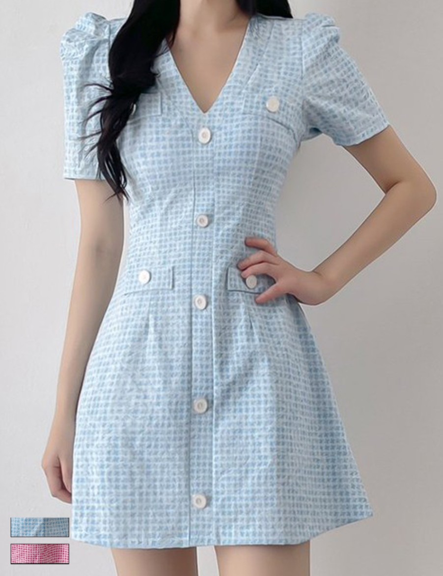 instock]【AIDMAX】ミニ/ドレス/フレア/ワンピース/袖あり/ブルー/千鳥