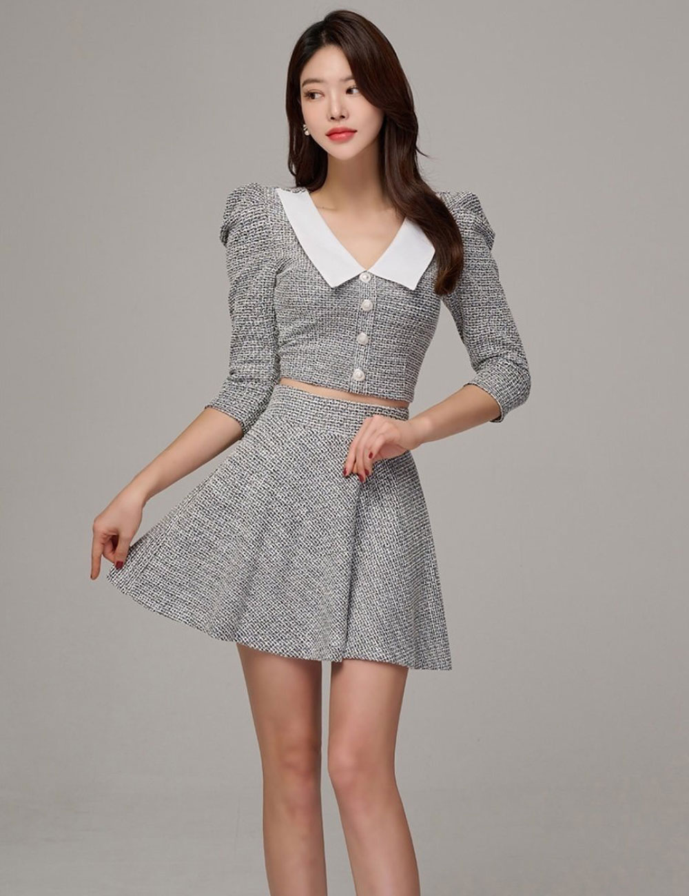 AIDMAX】ミニ/ドレス/セットアップ/ブラック/フレア/ツイード/ボタン