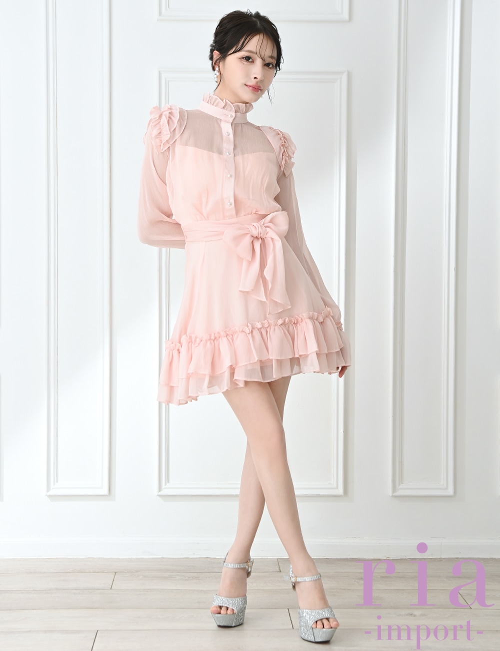 ria】ミニ/ドレス/ワンピース/ピンク/袖あり/長袖/フレア/シフォン
