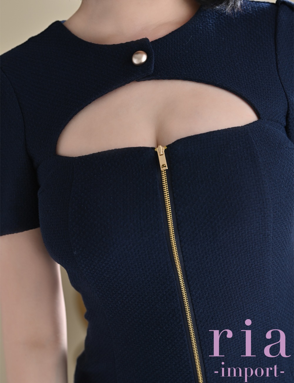 ria】ミニ/フレア/ワンピース/ネイビー/半袖/フロントファスナー