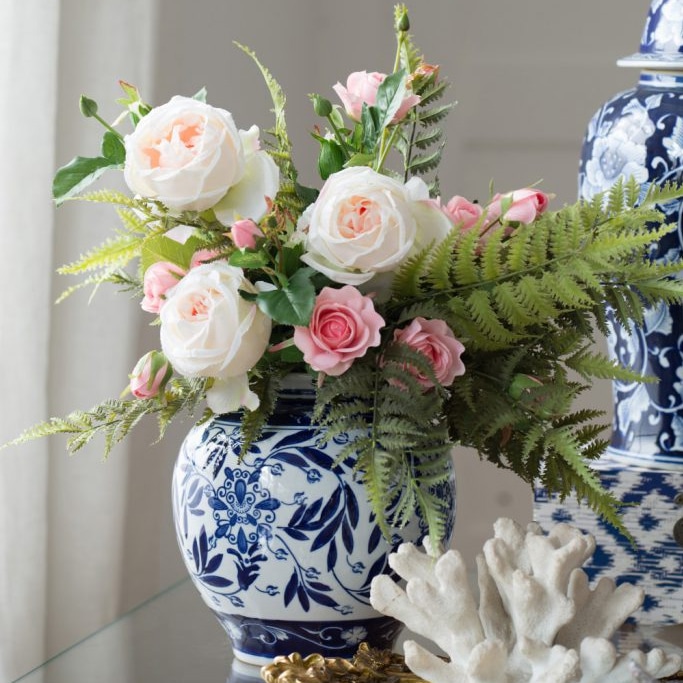 シノワズリ柄 セラミックフラワーベース ブルー＆ホワイト φ23×H23cm