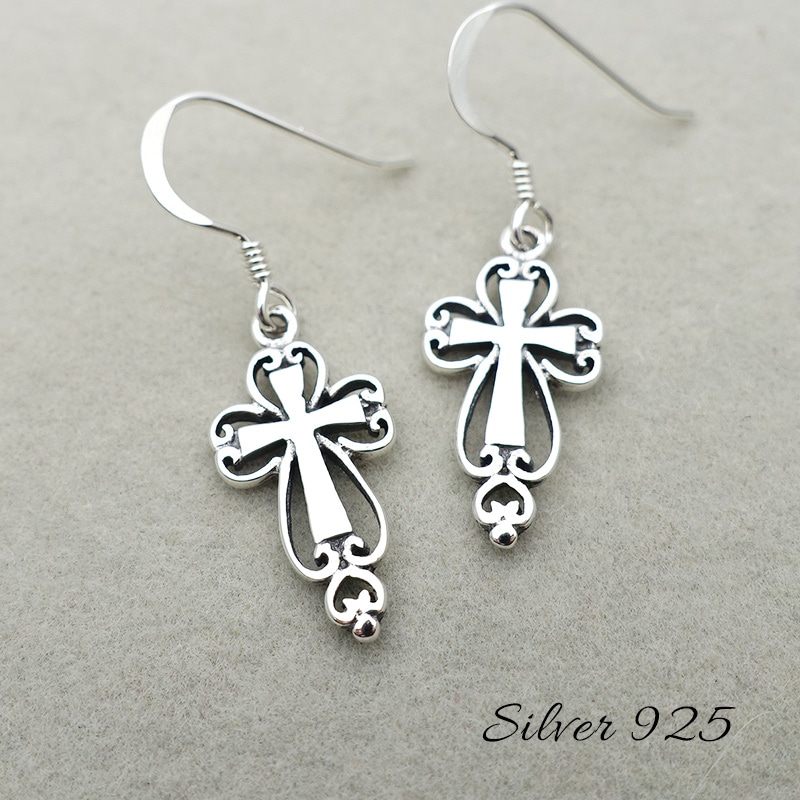 ピアス クロス 揺れる フック 金属アレルギー対応 シルバー925