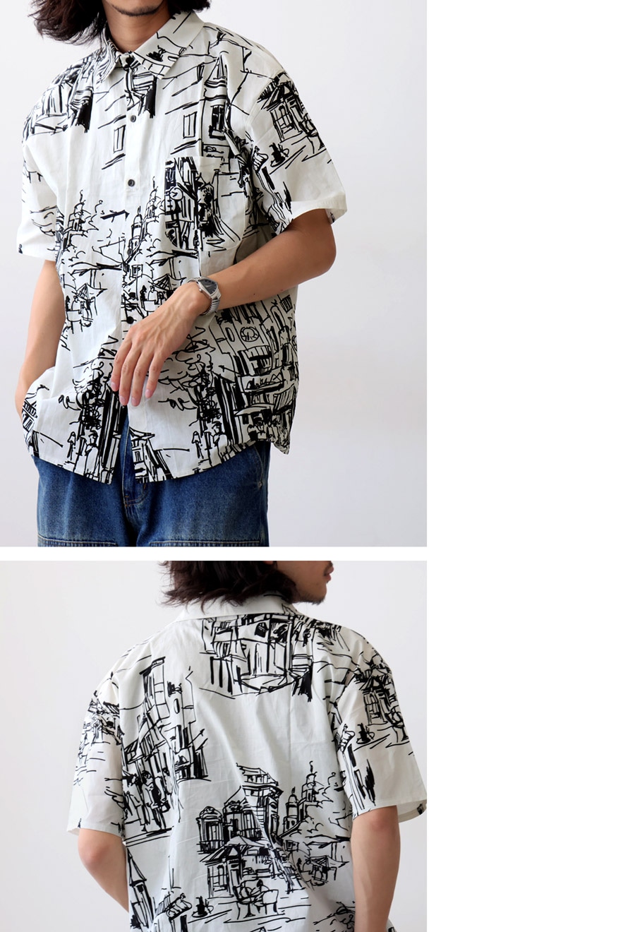 アート柄シャツ シャツ メンズ トップス 半袖 柄 綿100 送料無料・(50