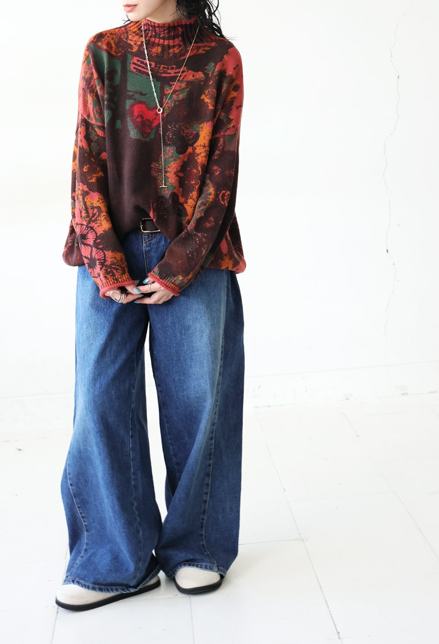 アート柄 ハイネックニット レディース ニット 長袖 送料無料・メール