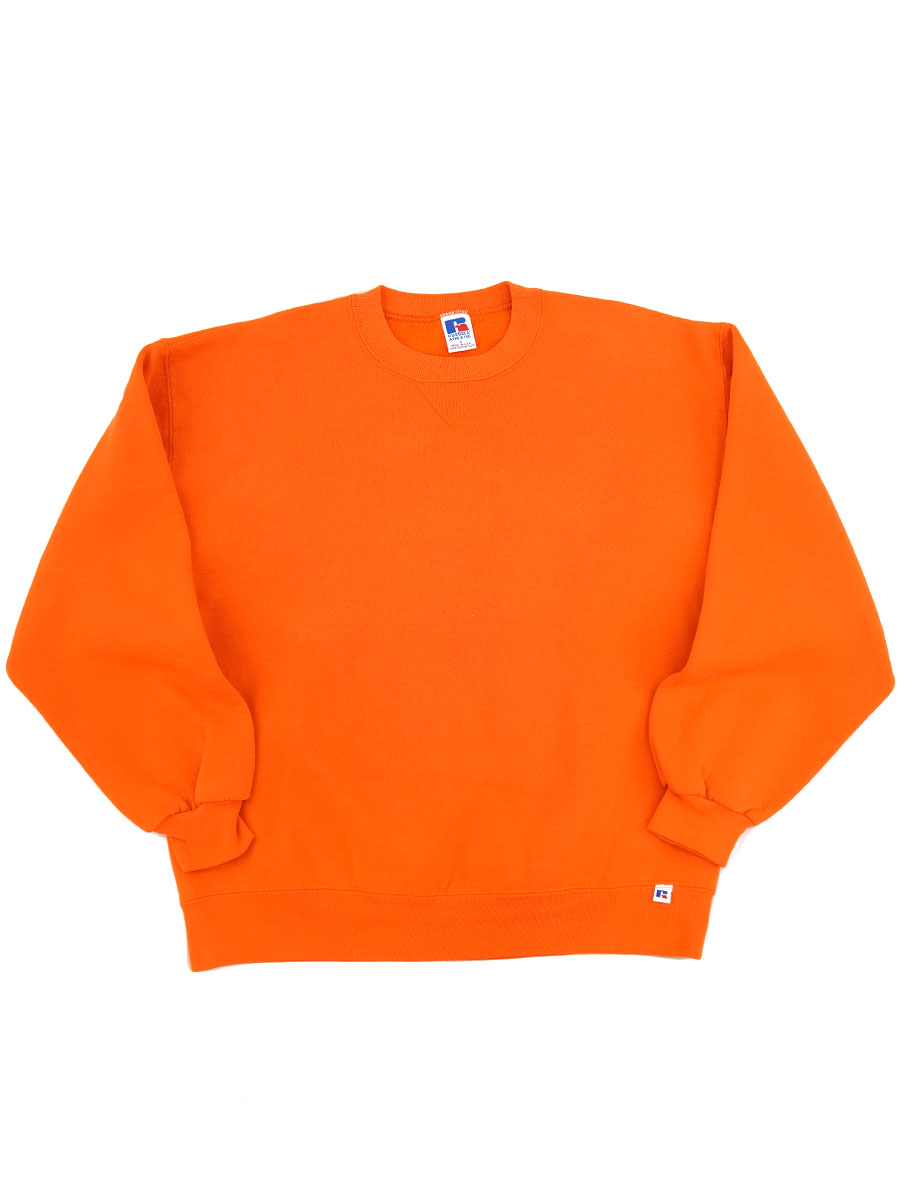 90's RUSSELL ATHLETIC 前V 無地スウェット オレンジ 表記(L) USA製