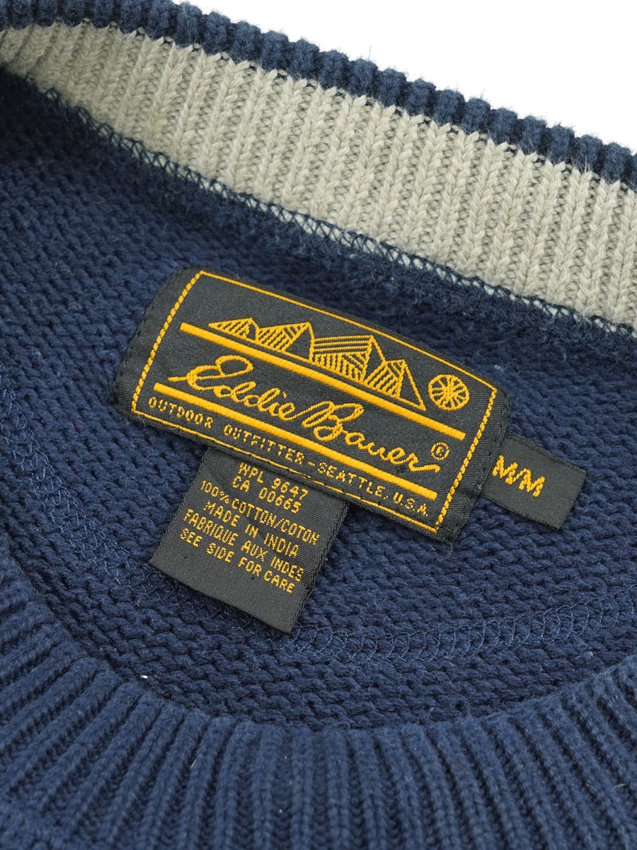 80's 黒タグ Eddie Bauer 前V コットンニット ネイビー 表記(M