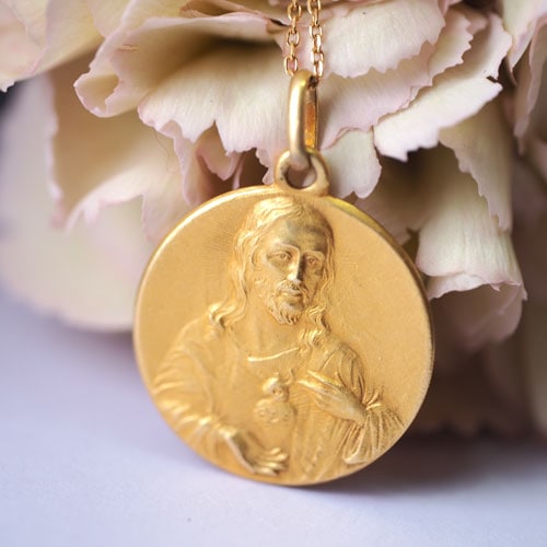 18金 聖母子と天使、キリストのメダイ（アンティークジュエリー）