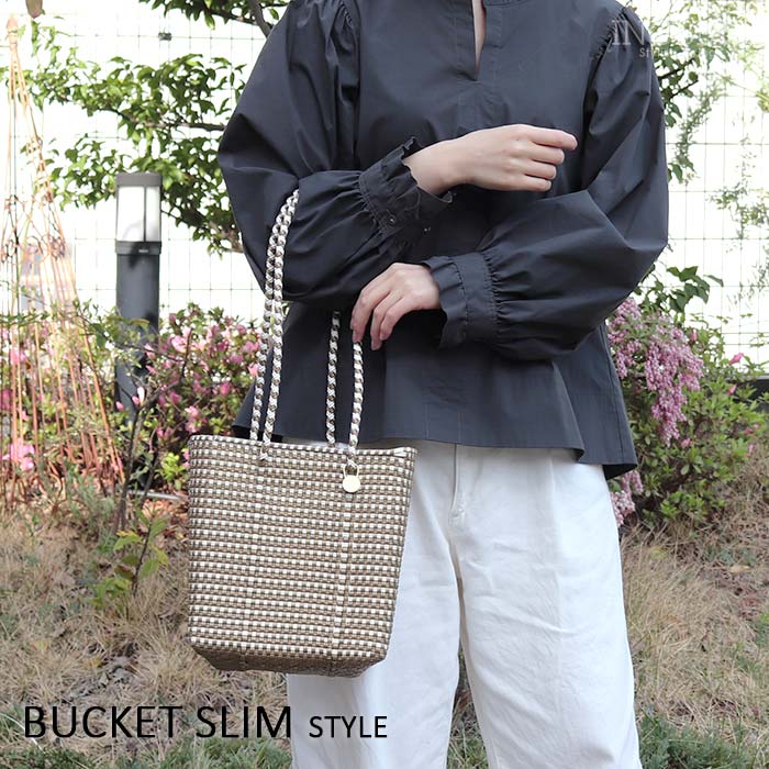 メルカド バッグ レトラ MINI CHECK BUCKET SLIM ゴールド x ホワイト
