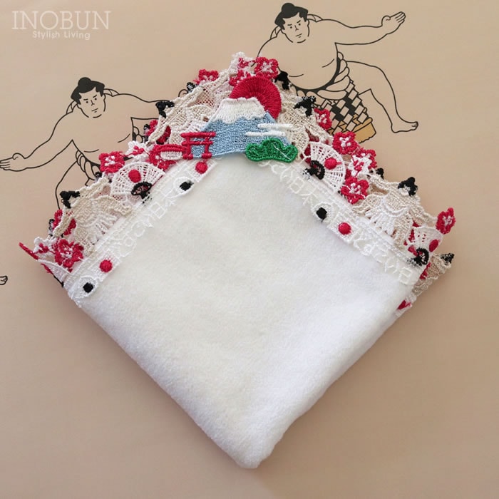 入荷待ち】近沢レース店 どすこい日本 ホワイト 和レース タオルハンカチ