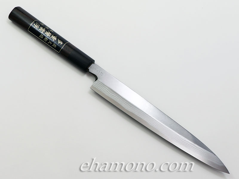 01583 包丁 柳刃 保勝 津軽打刃物 墨流 地肌綺麗 9寸 箱付 未使用品
