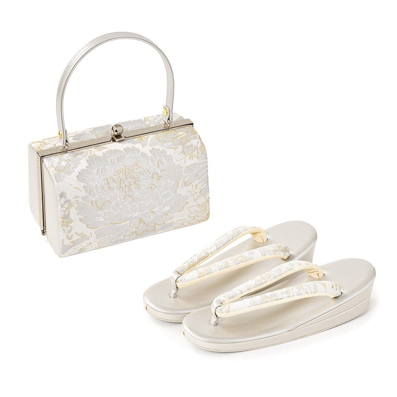 草履バッグセット 銀/白 帯地 洋菊 中国製 | 大人和装,婦人和装小物