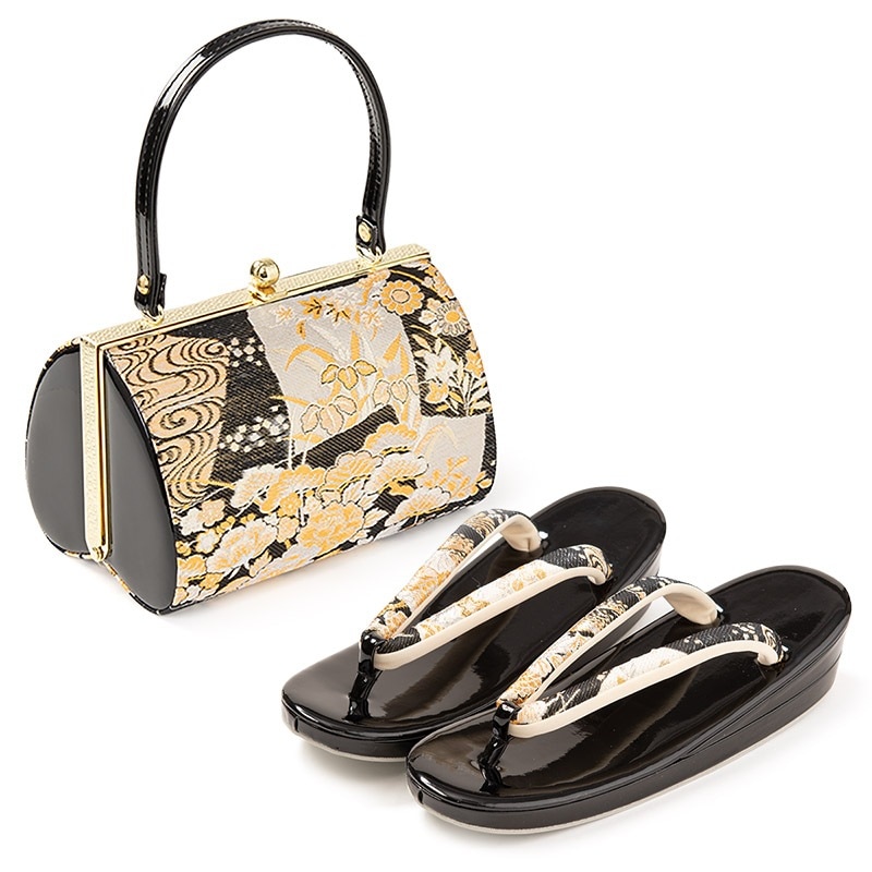 草履バッグセット 黒 佐賀錦 色紙 中国製 | 大人和装,婦人和装小物