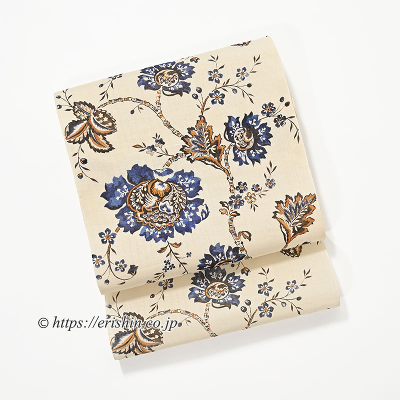 多ち花 染名古屋帯（大花更紗・山吹茶に藍/生紬）多ち花『着物・呉服