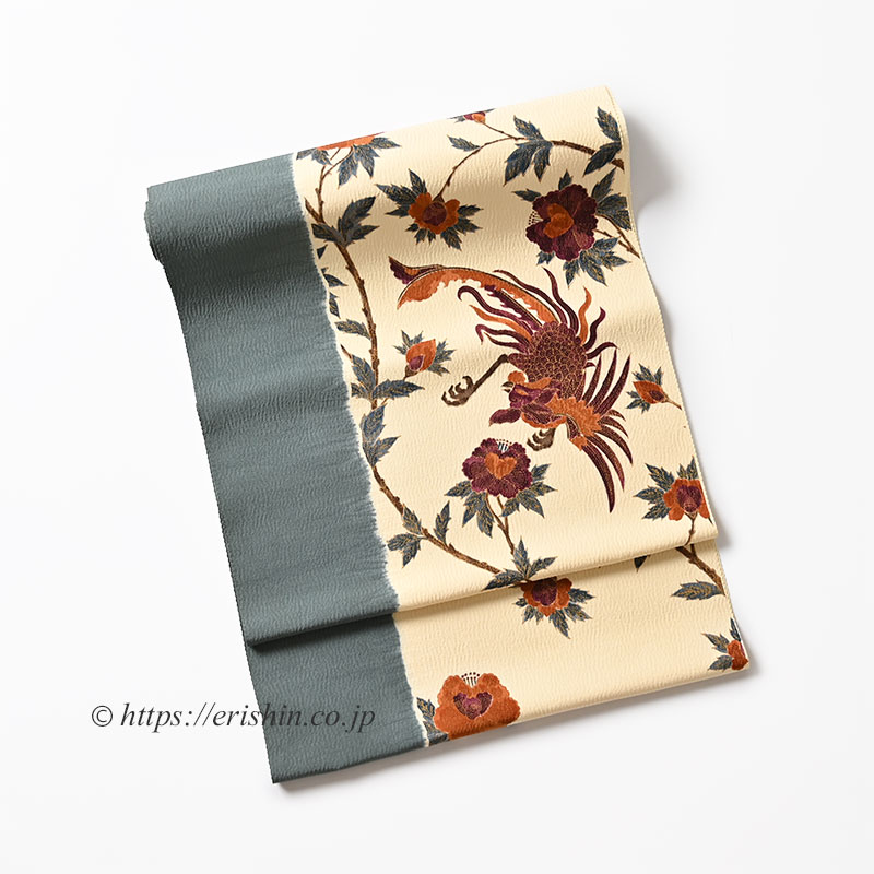 多ち花 染名古屋帯（染分ガルーダ更紗・錆浅葱色に唐茶など茶濃淡/光流