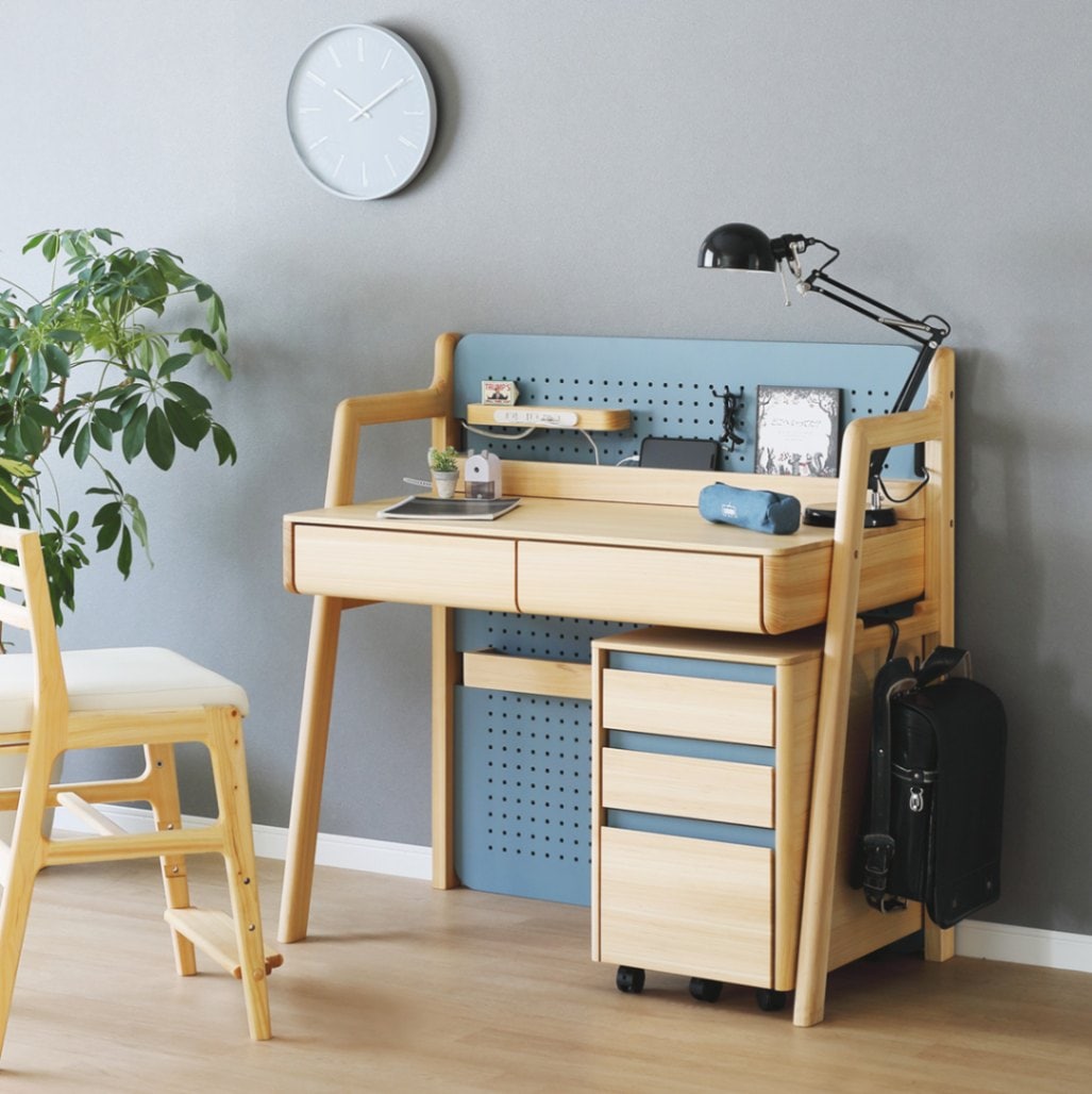 幅100］国産ひのき 学習デスク｜コンセント付き 学習棚 高さ調整可能