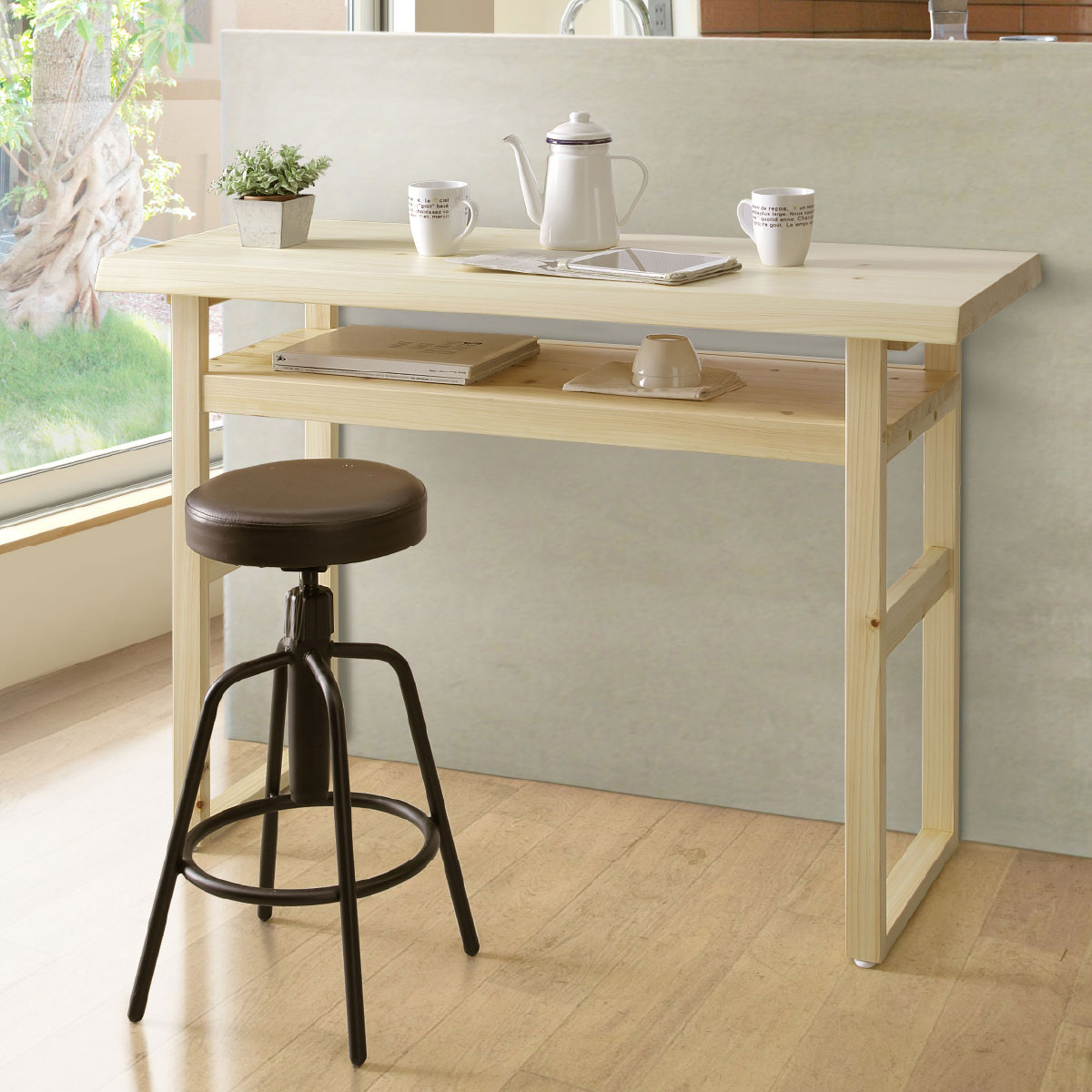 カウンターテーブル ひのき 幅120cm ｜天然木 無垢材 収納 ハイ