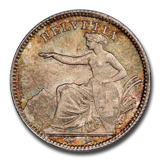 1850年 スイス ヘルヴェティア 1フラン 銀貨 パリ造幣局 ヘルベティア