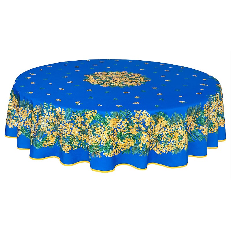 フランス製 コットン撥水テーブルクロス ミモザ/ブルー 円形180cm