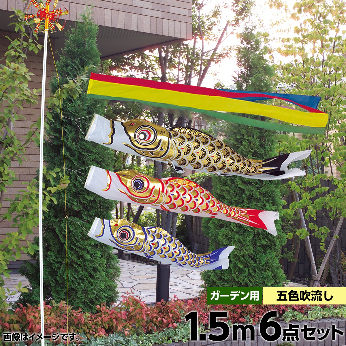 鯉のぼり 庭園用 旭天竜 ゴールド鯉 6点セット ガーデンセット 黒鯉1.5m