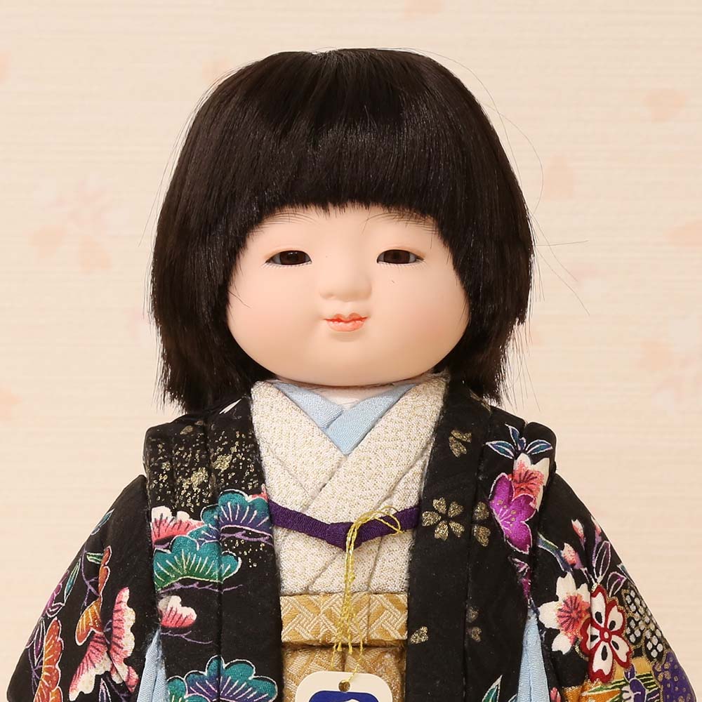 市松人形 齊藤公司作 ミニ松 正絹 口開き レザー 横幅16.5cm