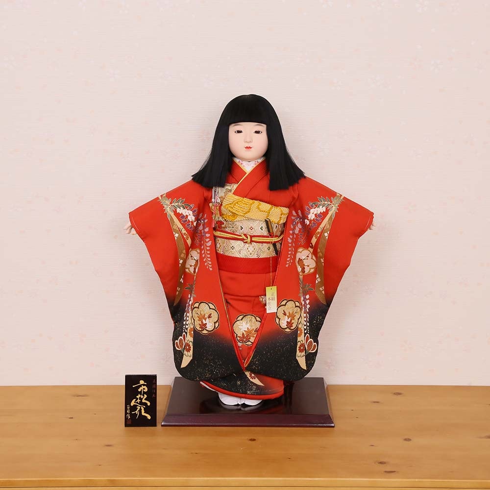 市松人形 齊藤公司作 20号 20-2-j のしめ 梅 藤 菊 楓 桐胴 正絹友禅本