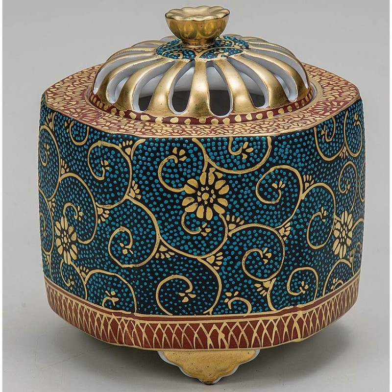 九谷焼き 本金青粒鉄仙香炉 佐伯信平【ポイント5％還元中】 : アート