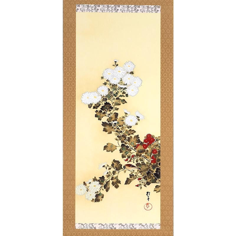 酒井抱一 「十二か月花鳥図」 九月 「菊に子禽図」 複製掛軸 : 酒井抱