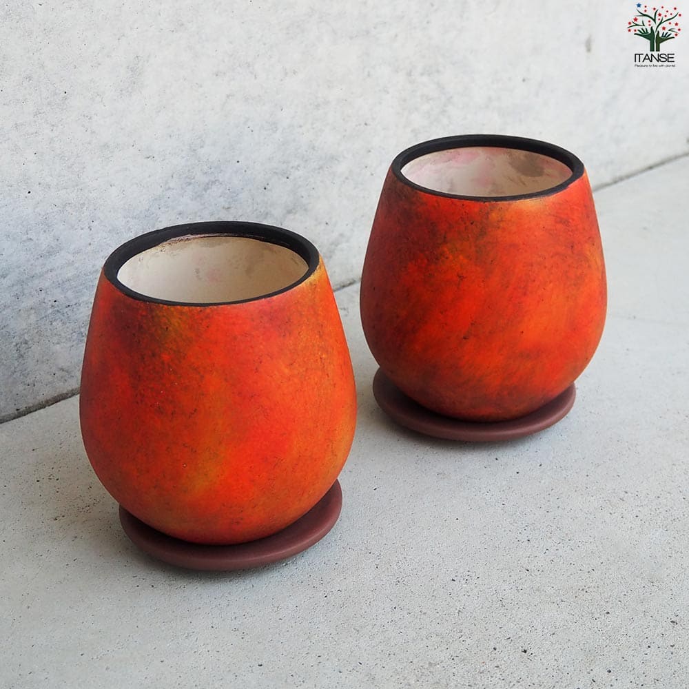 皿付陶器鉢 彩色焼磁 オレンジ【資材 12cm】｜ 【植物のITANSE