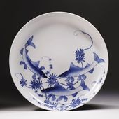 江戸時代 藍柿右衛門 染付 波花文 銹釉口 皿 5客