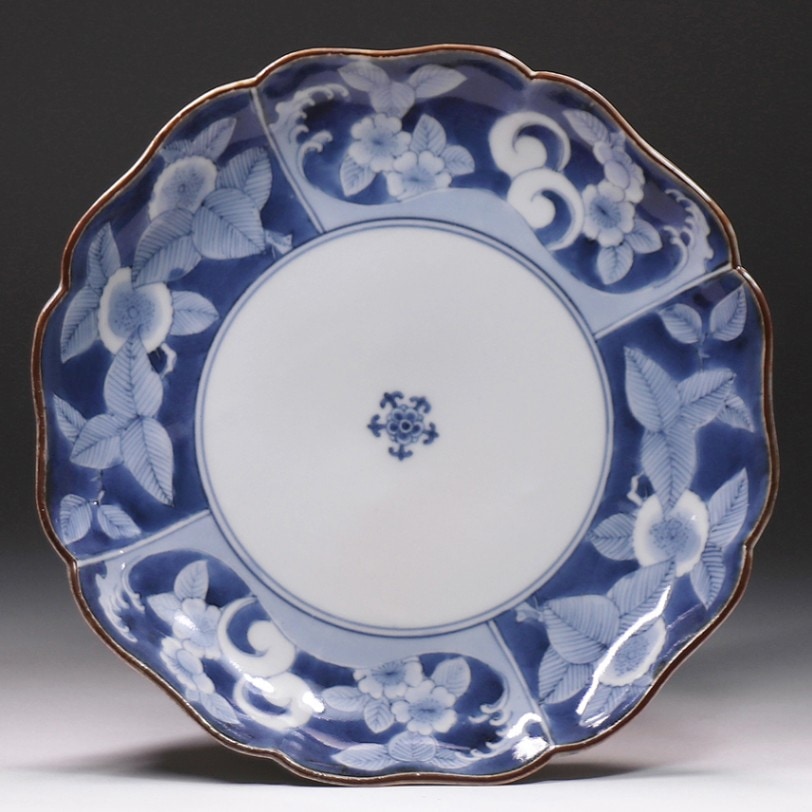 江戸時代 藍柿右衛門 染付 波花文 銹釉口 皿 5客