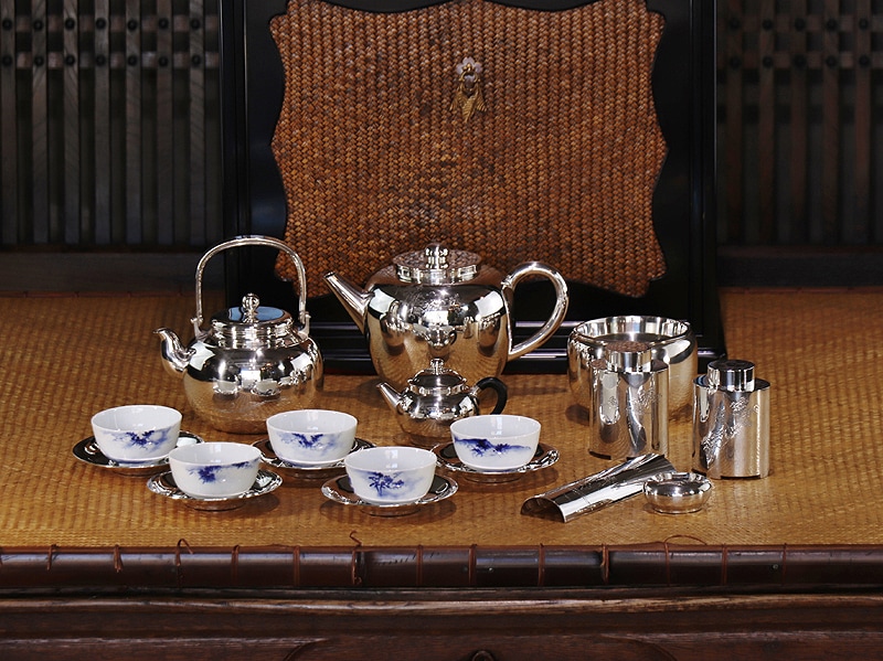 明治～大正期 栄青堂 名人 平野吉兵衛作 嵐山勝景図 純銀煎茶器揃