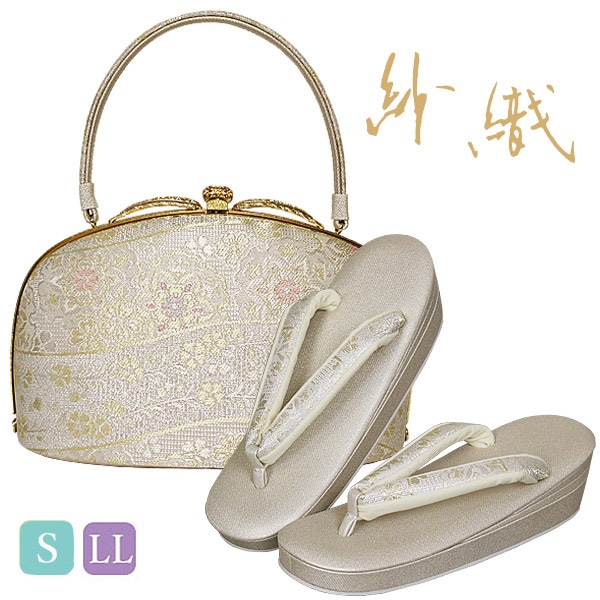 草履バッグセット 沙織 礼装用 シルバー系の草履&華柄のバッグ S/LL