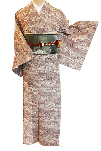 正絹単衣小紋レンタルフルセット「鮫に風景総柄」 | レンタル着物,単衣
