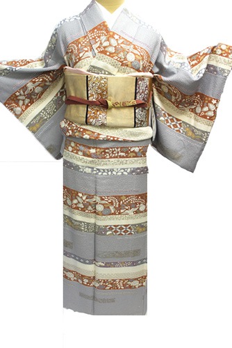 正絹訪問着レンタルフルセット｢横段に鶴・花｣ | レンタル着物,結婚式
