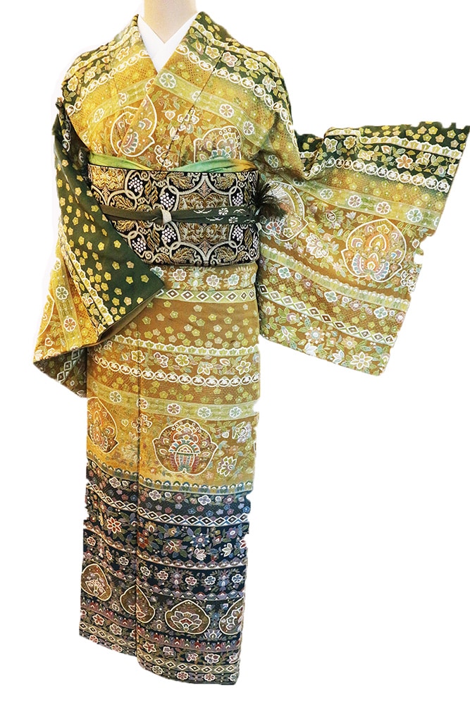 正絹訪問着 レンタルフルセット「総柄汕頭刺繍 横段唐花華紋